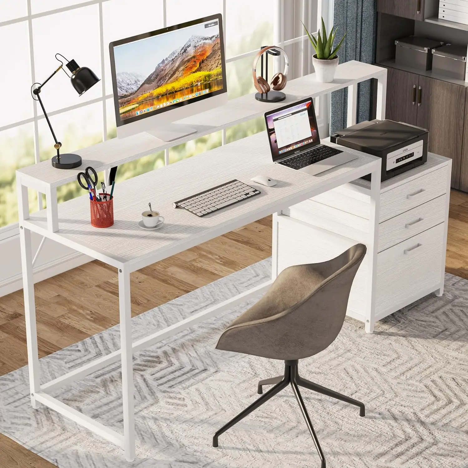 Computer Desk with File Drawer Cabinet, Ergonomic Office Desk with Monitor Stand for Home Office