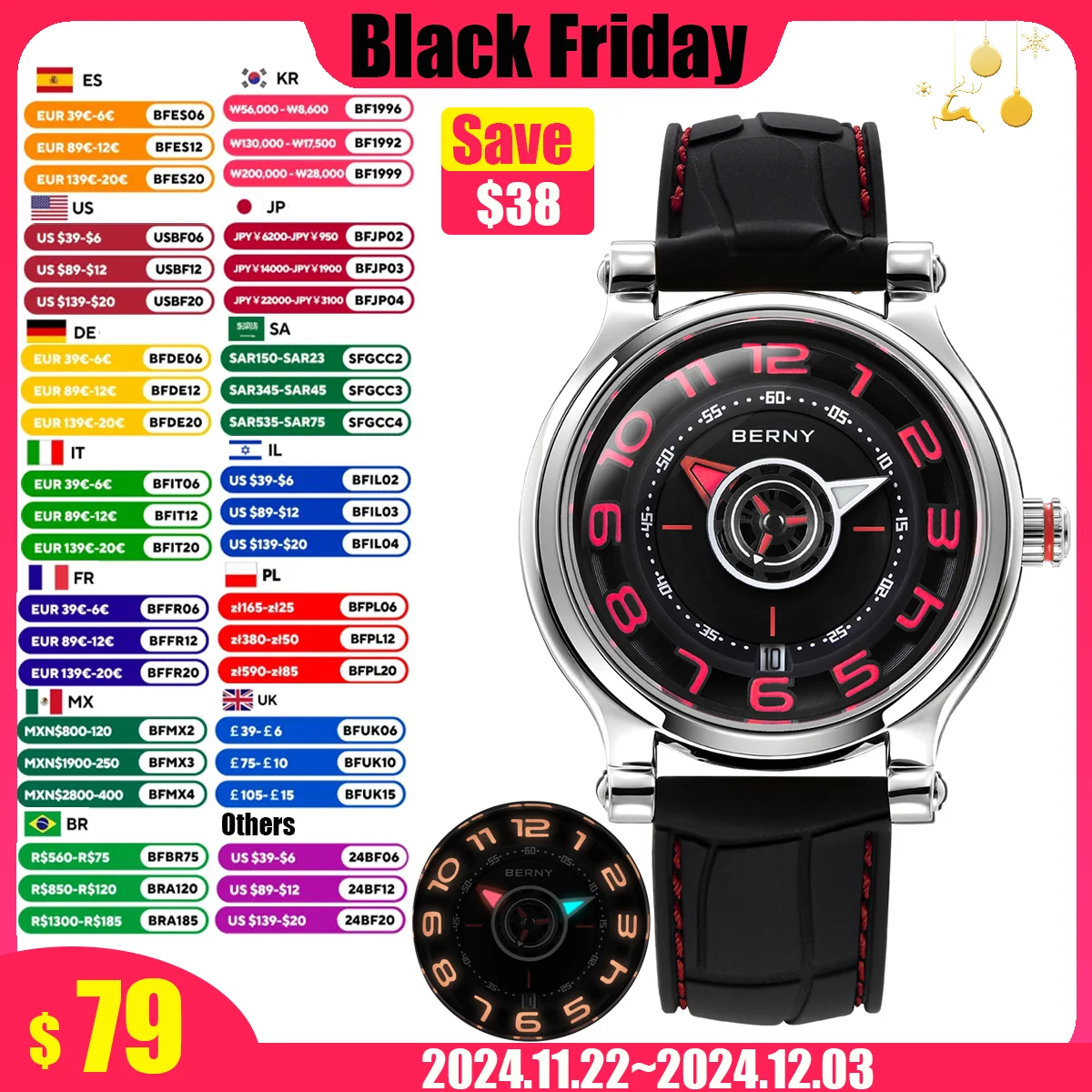 BERNY Relógio Mecânico Masculino Safira Miyota 8215 Multifuncional Super Luminoso Relógio Bússola Pneu Dial Cool Play Men Relógio de Pulso