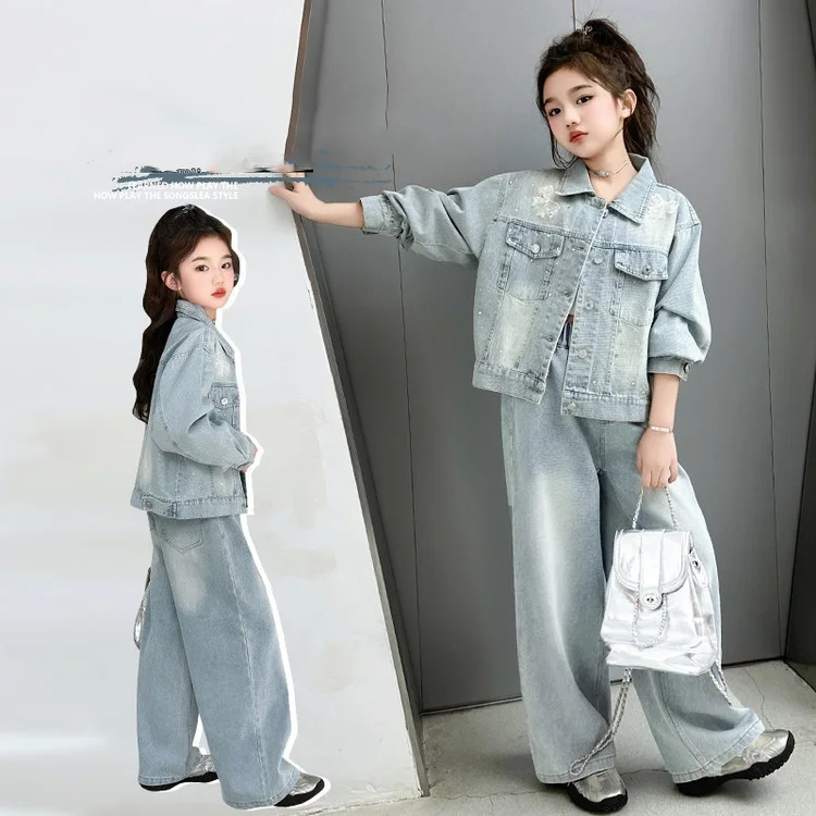 

Children Girl 2pcs Set Autumn Single-breasted Long Sleeve Coat+Elastic Waist Wide Leg Pant Kid Girl Denim Outfit 4-14Y Girl Suit