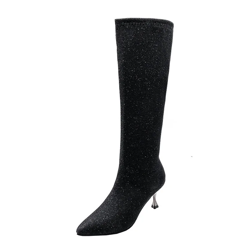 

European And American Socks Boots Knit Elastic Autumn And Winter Pointy Stiletto Boots Women's New Thigh-high Boots Knee Boots