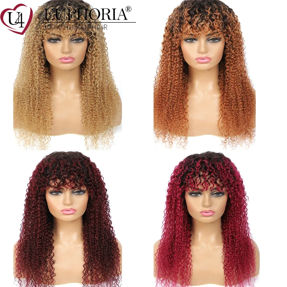 

Full Machine Ombre Blonde Kinky Jerry Curly Wigs With Hair Bangs Brown Brazilian Remy Human Hair Long Wigs 6-24Inch Euphoria