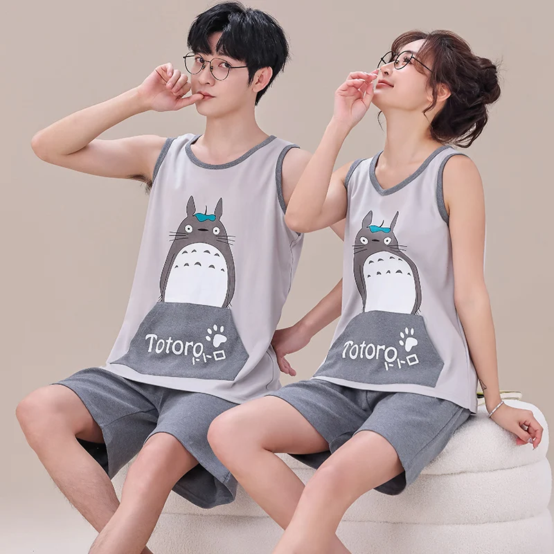 Summer Couple Knitted Cotton Pajamas Set Women Vest Pyjamas Femme Loose M-4XL Male and Female Homewear