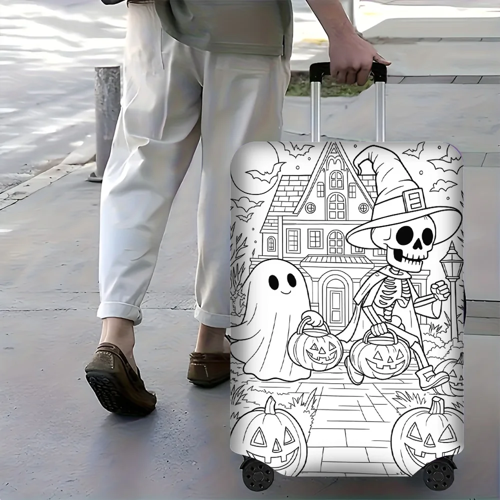 1PC Halloween themed printed luggage cover with manual doodle colors. Fits luggage sizes 18-32 inches; dust and elastic travel a