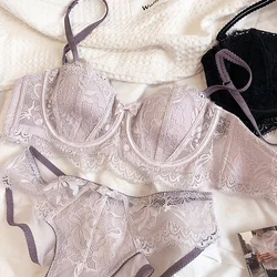 Sexy French Lace Embroidery Lingerie Set Women 1/2Thin Cup Push Up Bra Detachable Strap Anti-slip Lavender Brassiere and Panties