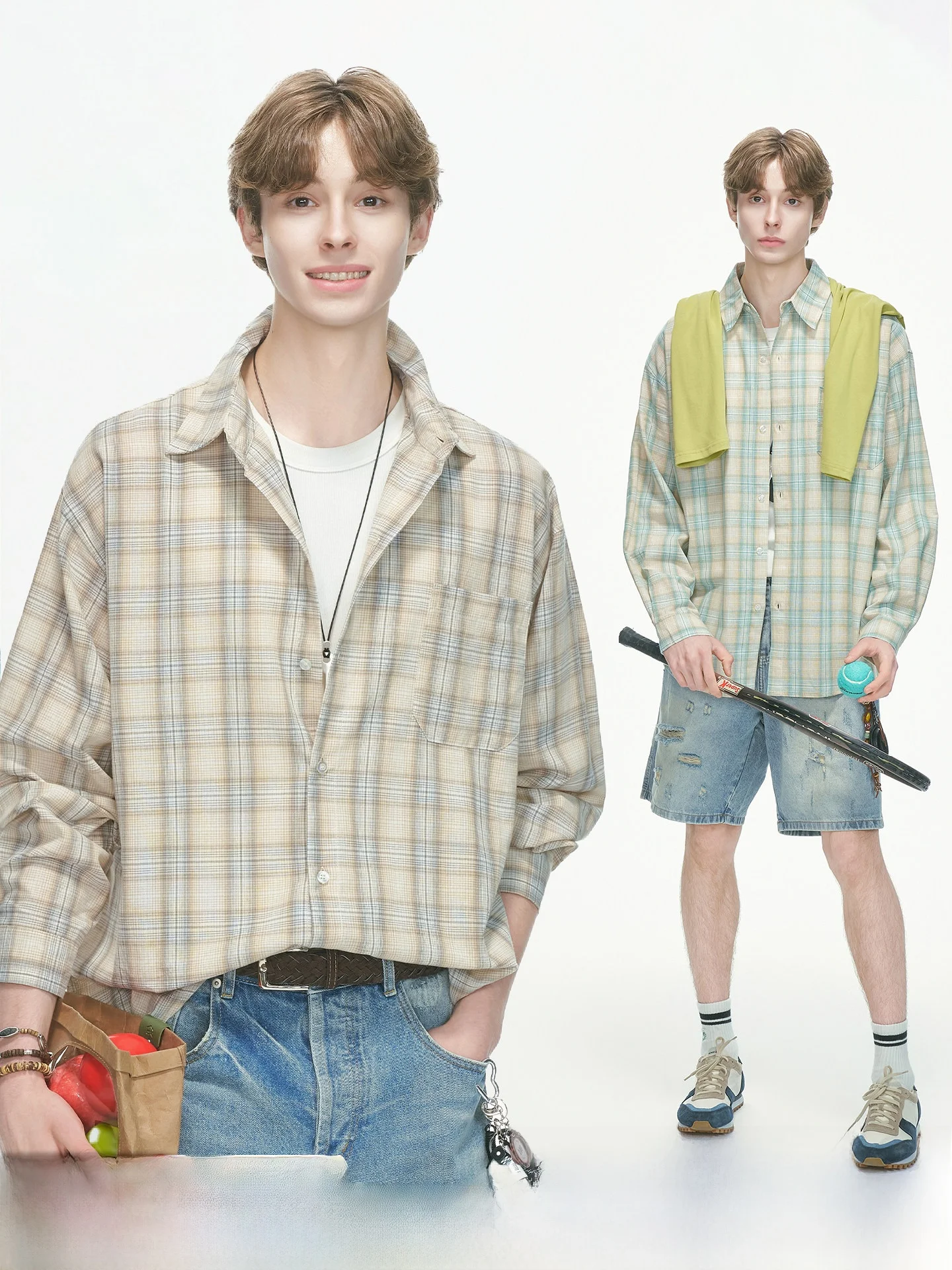 American Style Long Sleeve Plaid Shirt Casual Men's Autumn Couple Matching Workwear Breathable Cotton Pocket Design Commute