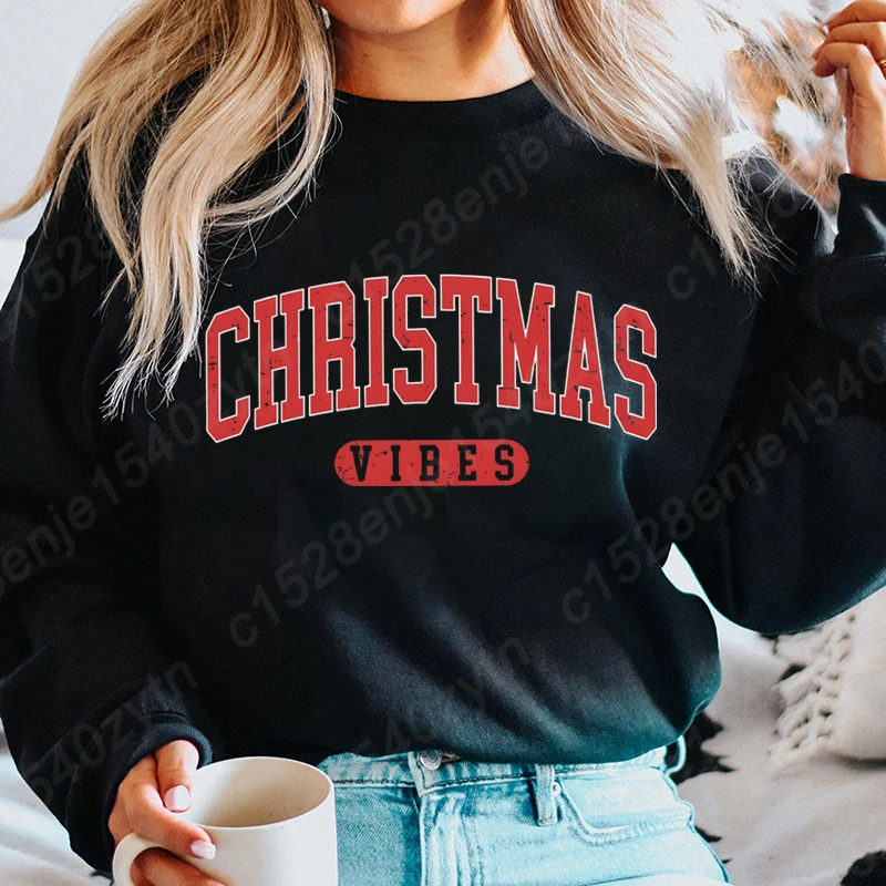 Women Fashion Hoodless Sweatshirt Christmas Vibes Print Round Neck Pullovers Ladies Casual Pure Color Pullovers Long Sleeve Tops