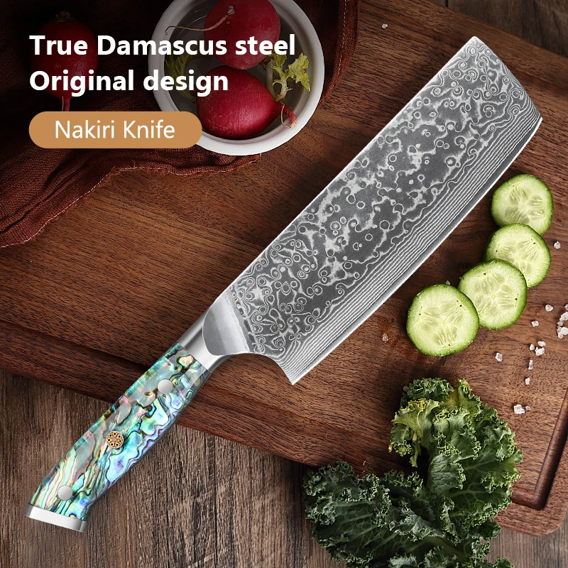 Professionelles japanisches Nakiri-Kochmesser VG10 Damaststahl Küchenmesser Scharfes Hackmesser Full Tang Abalone Muschelgriff