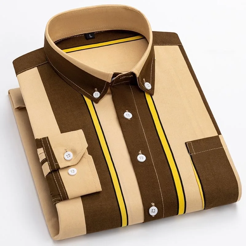 

2025 Fashion Spring Autumn Men's Striped Shirt Long Sleeve Business Casual Square Collar Pocket Autumn High-quality Men Shirt