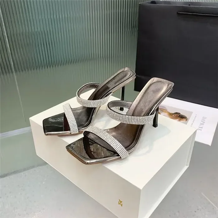 

Women Sandals Slipper slip-on Mules Rih Crystal PVC Ankle Strap Heeled square toe Metal stiletto heels Diamonds Sexy