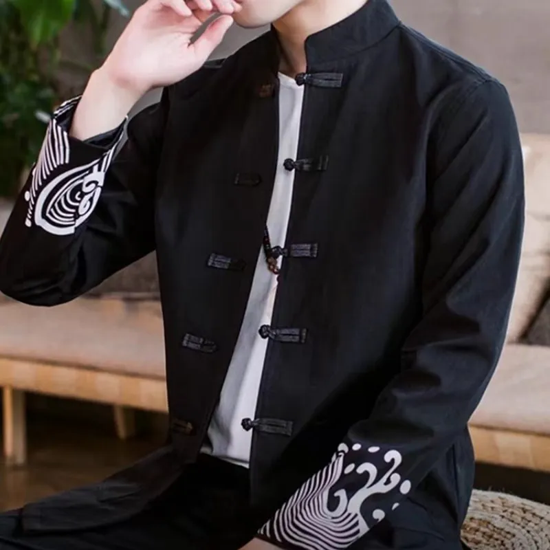 

Slim Fit Collared Men's Tang Suit Jaet Button up Traditional Chinese Sle Spring Autumn Wear ort Sve Casual Coat