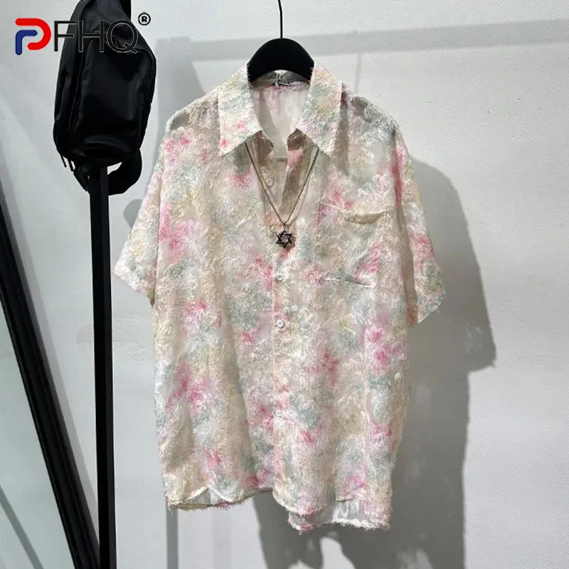 

PFHQ Summer Printing Loose Short Sleeved Shirts Turn-down Collar 2024 New Korea Fashion Male Tops Casual Single Breast 21Z5184