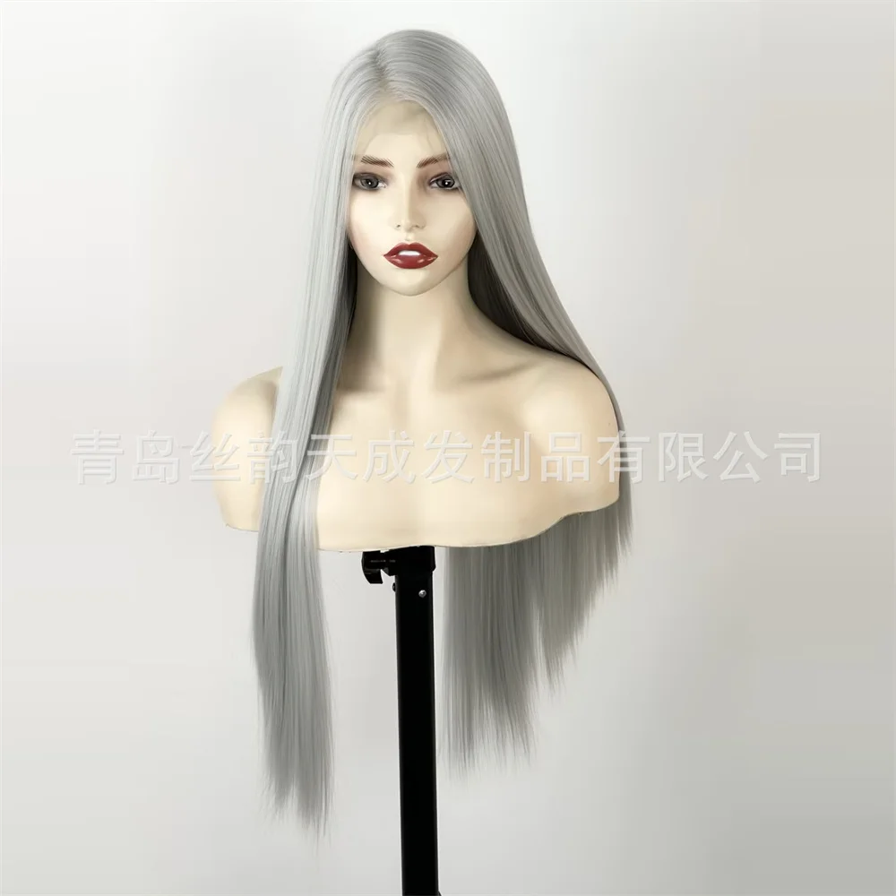 Silver gray wig, front lace hook 13 * 4, mid split long straight hair cover, suitable for role-playing daily women's style
