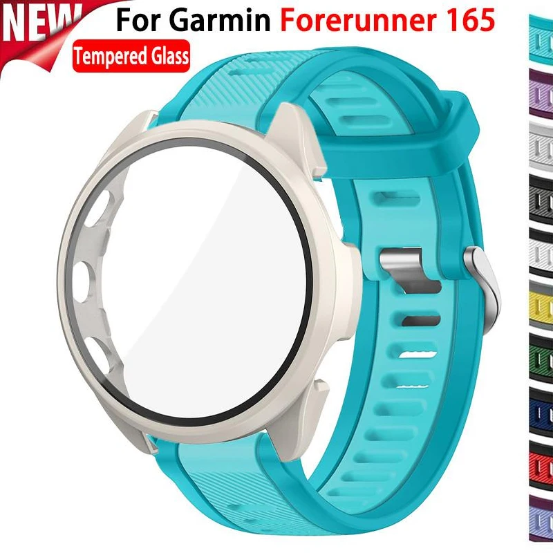 Gehärtetes Glasgehäuse + Riemen für Garmin Forerunner 165, harte PC-Schutzhülle, weiches Silikon, Ersatzband-Zubehör