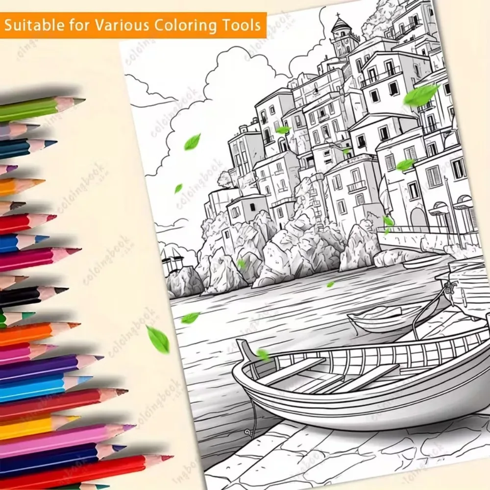 A4 Spiral Italian Landscape Coloring Book for Adults 24 Pages Tuscany Scenes Relaxing Art Therapy Gift