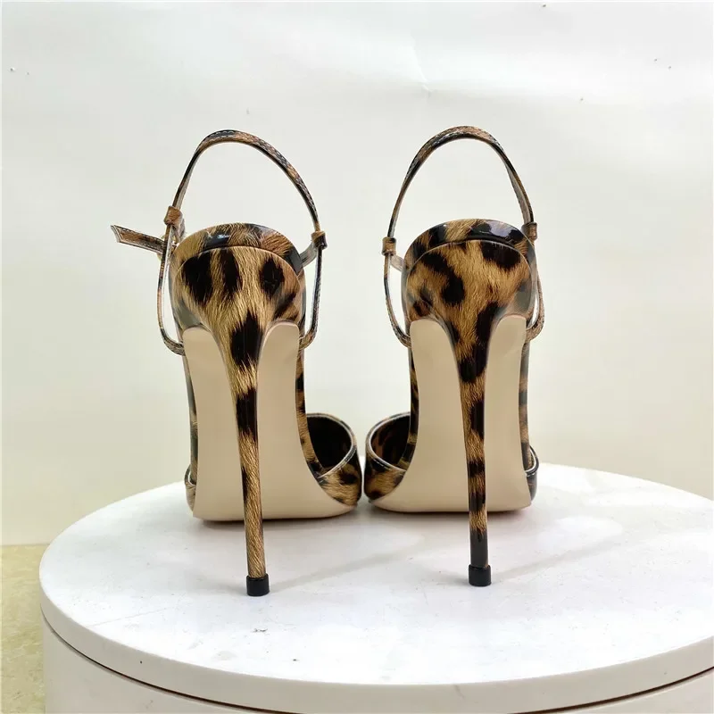 Summer Brand Women Sandals Ankle Strap Buckle Strap Patent Leather 12CM Thin Heels One character strip Shoes Women Leopard