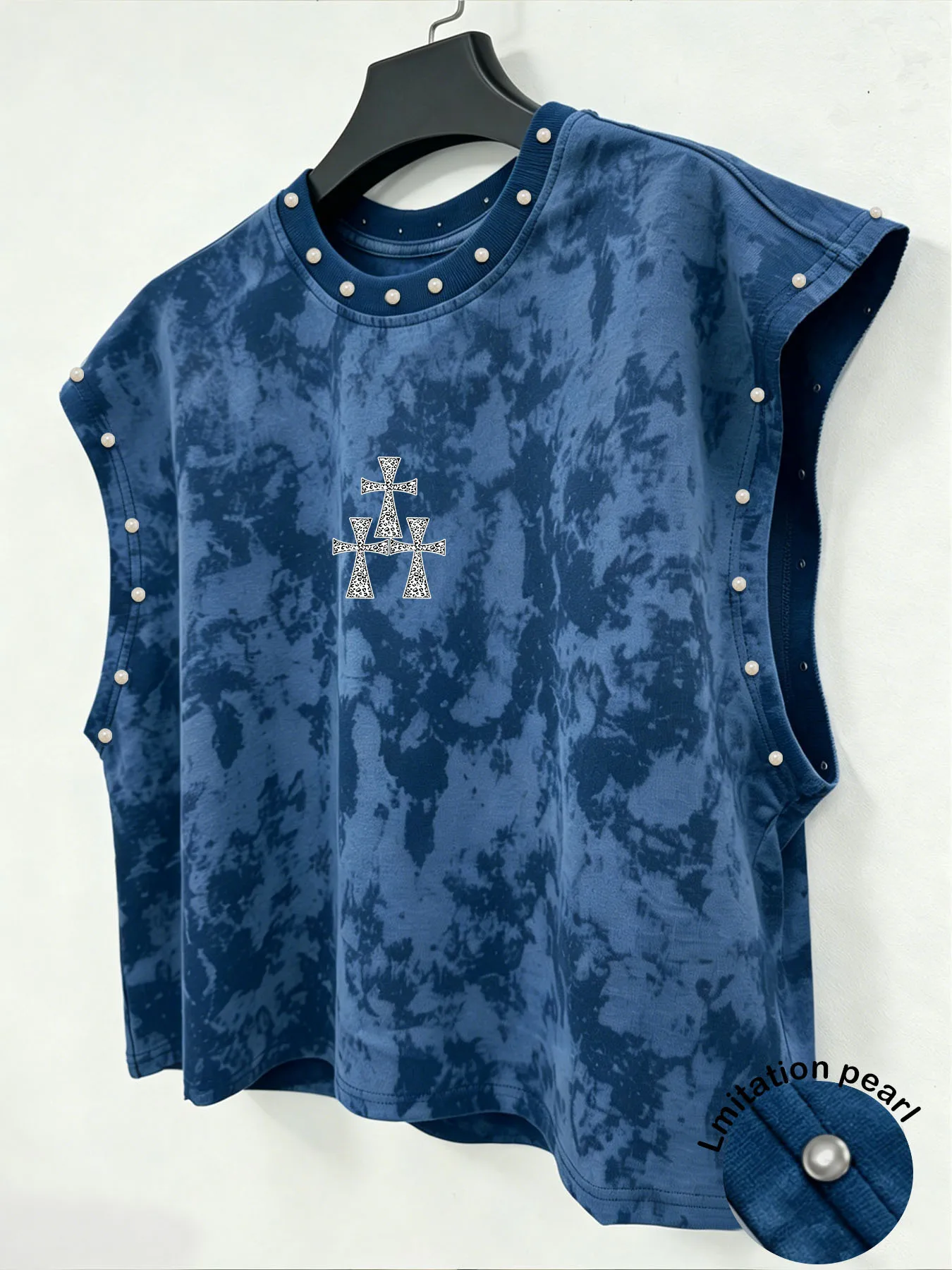 Tie Dye Sleeveless Tank Top, Double Sided Print Blessed Figure & Cross Imitation Pearl Dark Punk Vest Men's Tank Top