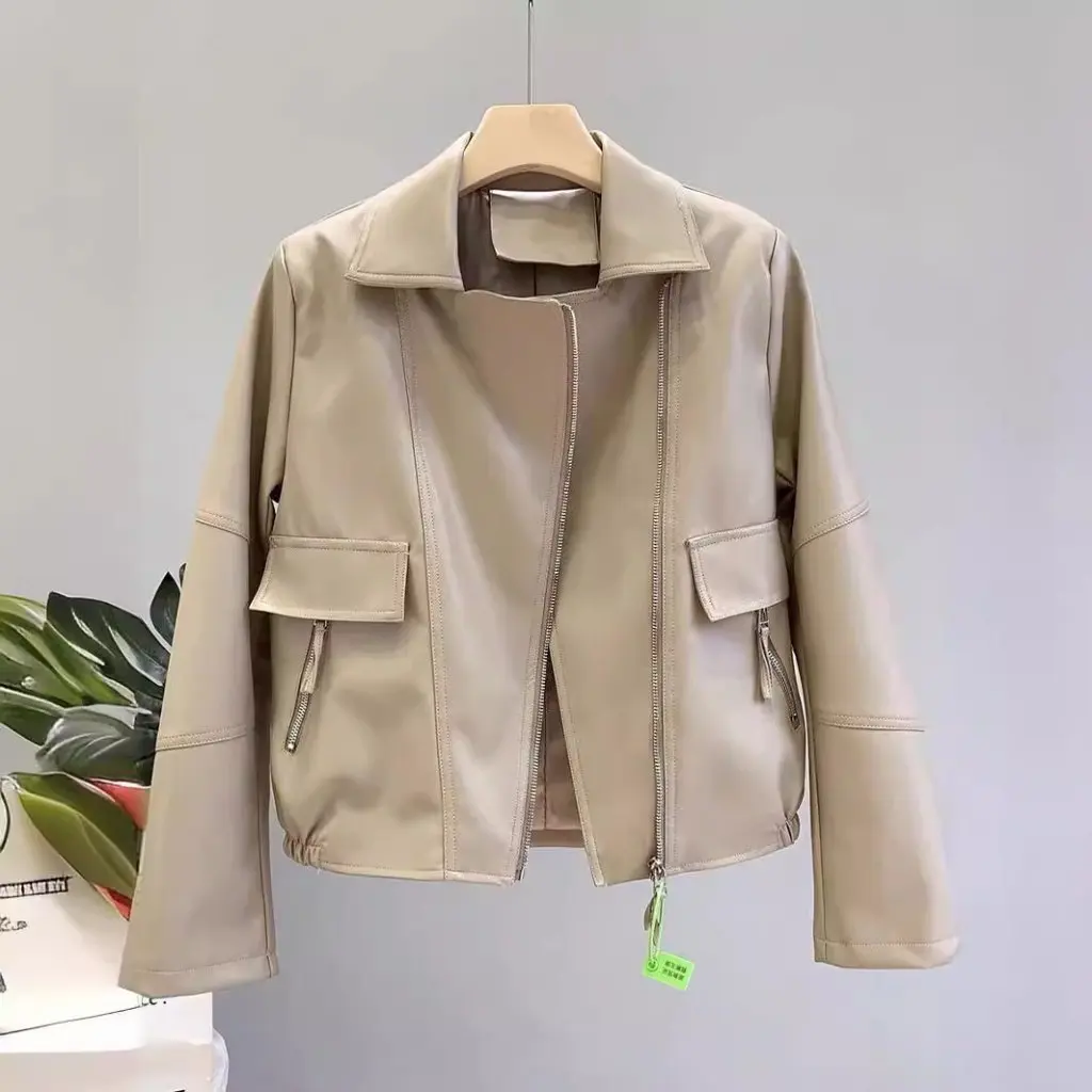 แจ็คเก็ตหนังสไตล์เกาหลีทรงหลวมแบบสั้น ปกพับได้ หนัง PU ลุคเท่ห์สไตล์ยุโรปอเมริกัน สำหรับผู้หญิง