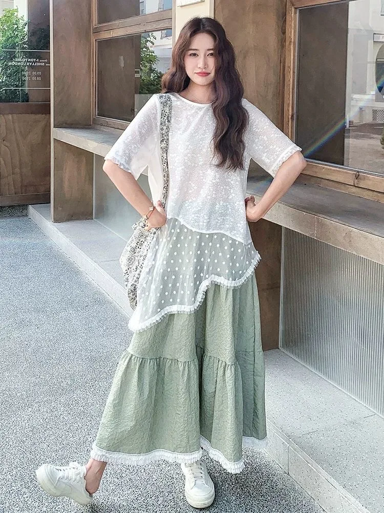 Verão renda assimétrica design feminino conjunto de duas peças vaion sle doce coreano saia linha a ort sve redondo ne topo