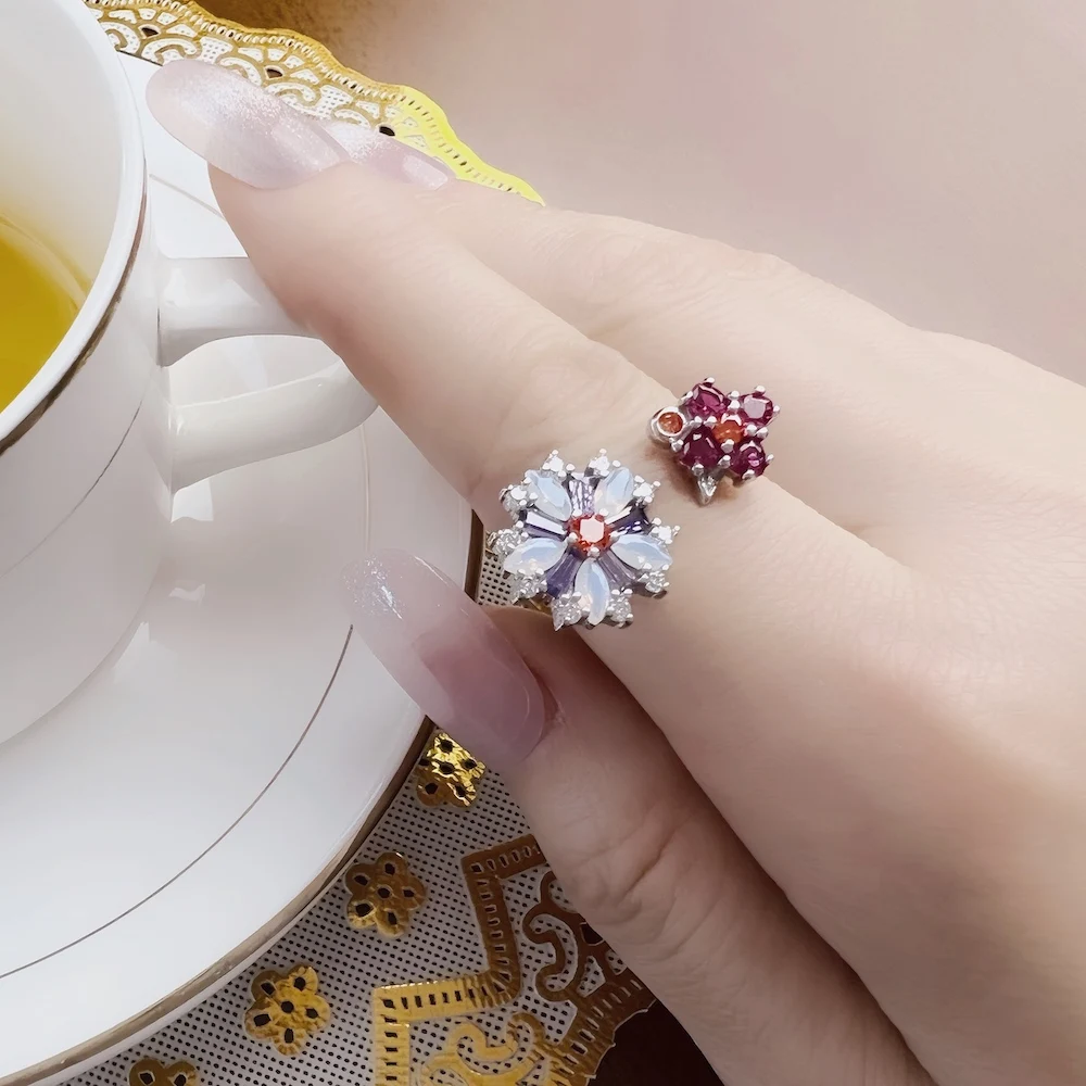 Ring Blumen Bunte Steine Europa-Stil Romantischer feiner Schmuck für Frauen Brandneues Böhmen-Geschenk aus reinem 925er-Sterlingsilber – Detail 5