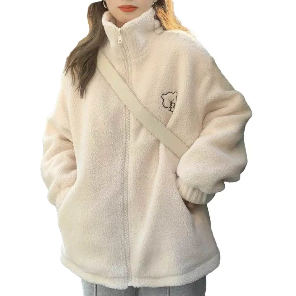 Imitation Lambswool Jacket Zipper Placket Sweatshirt Coat Thickened Plush Winter Jacket with Cartoon Bear Pattern Cozy for Women