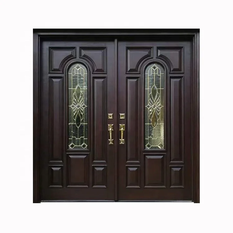 

Customized Size Decorative Teak Panels Main Door Designs Double Arch Glazed Red Wooden French Doors