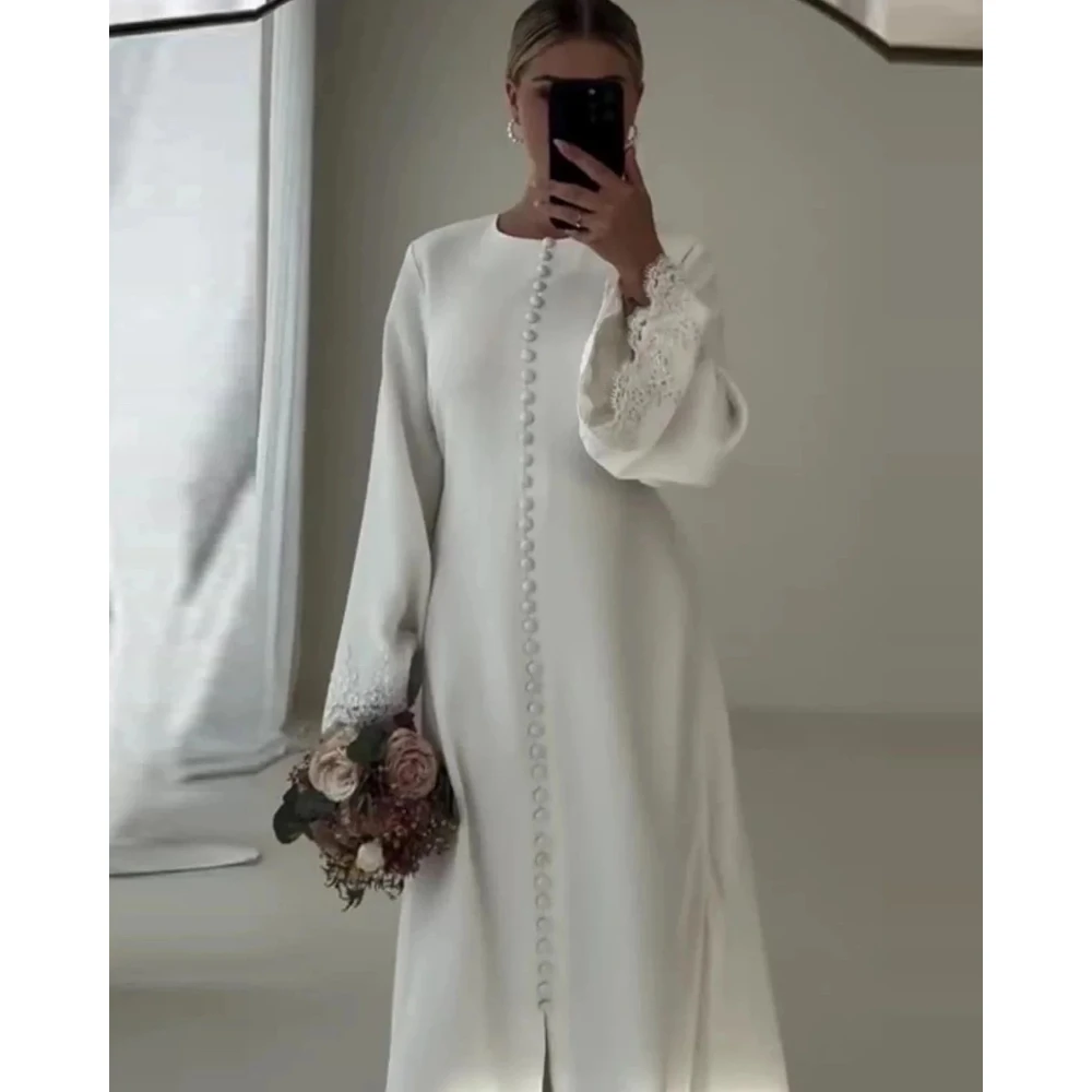 Vestidos de novia sencillos para mujer, personalizados, cuello redondo, encaje, manga larga, botones con hendidura, línea A, largo hasta el suelo, 2026