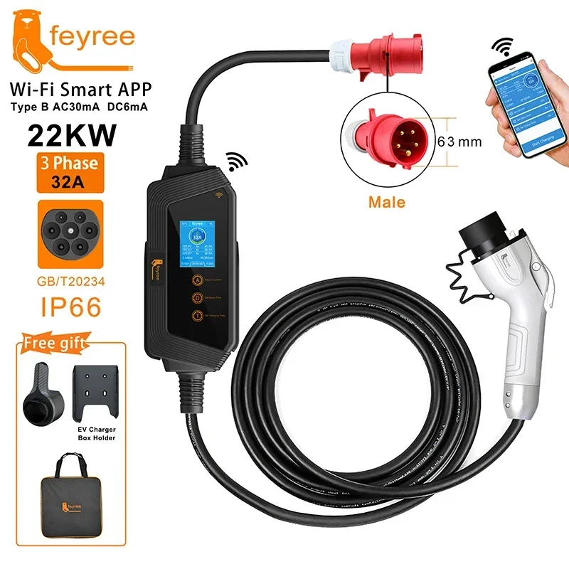 

feyree Portable EV Charger GBT Plug Fast 22KW 32A 3Phase Adjusting Current Wi-Fi Smart APP Control Electric Car Charging Station