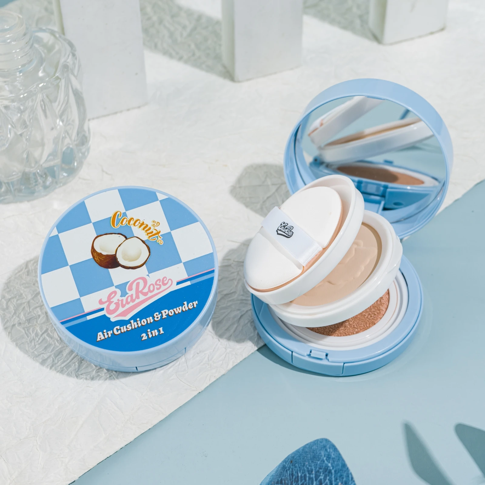 2-in-1 코코넛 에어 쿠션 & 파우더 파운데이션+파우더 방수성 오래 지속되는 페이셜 파우더 메이크업 베이스, 거울 및 소프트 퍼프 포함