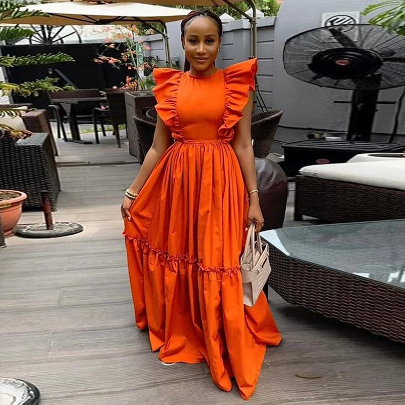 

Doyerl Elegant Party Club Maxi Dresses 2025 Woman Clothing Fly Sleeve Ruffles High Wait A-line Long Dress Vestidos De Verano
