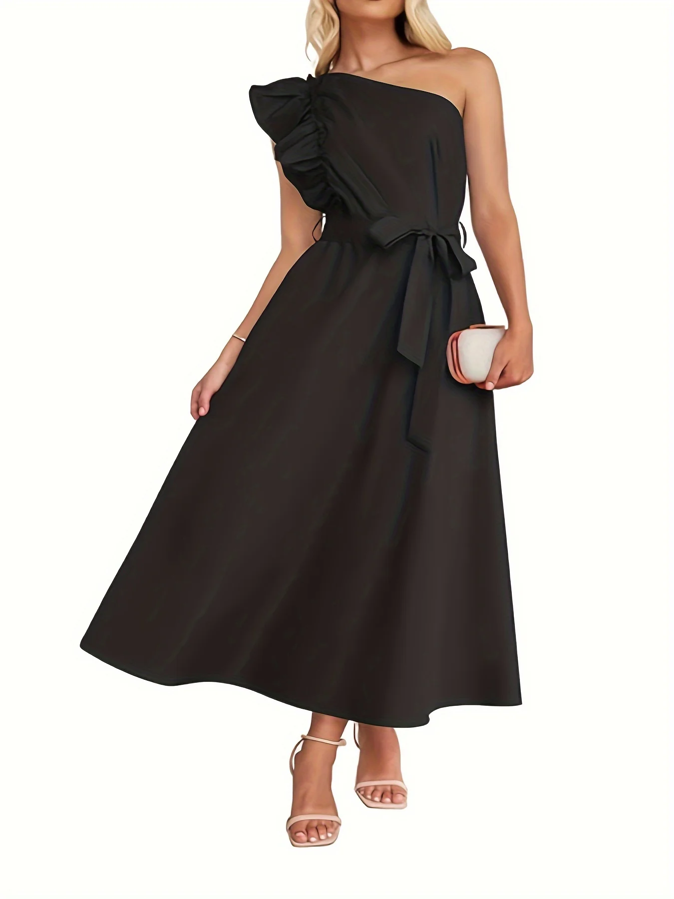 

Women One Shoulder Dress Plus Size Pleated Elegant Ruffle with Belt Solid Party Evening Sleeveless Tank Long Dress for Women