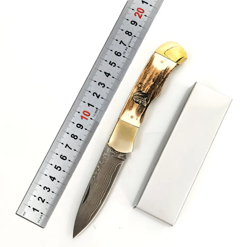 

Hot-selling Damascus Steel Folding Blade Knife Antlers Handle High Quality Portable Pocket Knife Classic Collection Gift Knifes