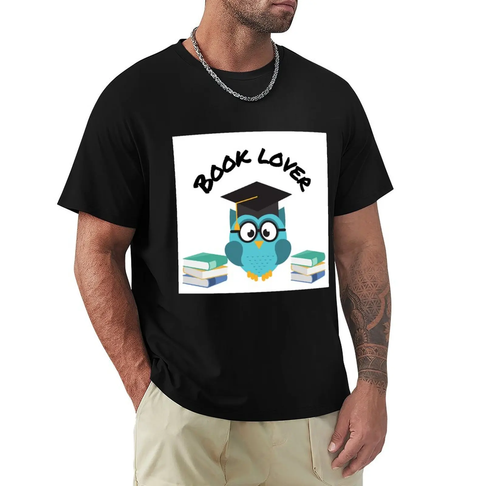 Owl Book Lover on White Background T-Shirt t shirts cotton 100% T-Shirt