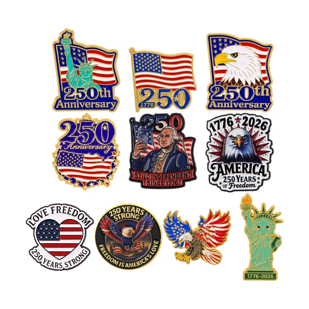 10pcs/set America 250 Years Freedom Enamel Pin Lapel Bag Pins Cartoon Badges on Backpack Brooch for Clothes Jewelry Gifts Friend