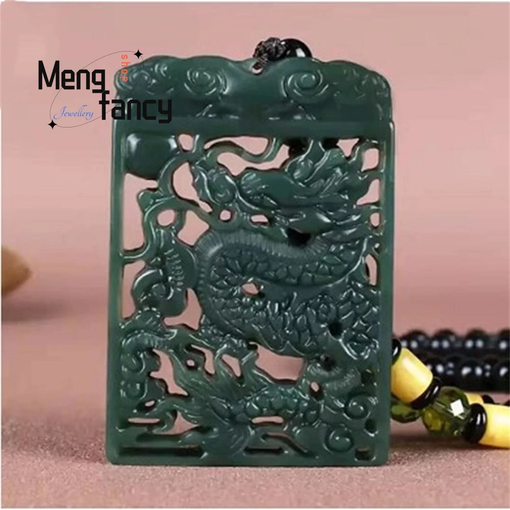 

He Tian Yu Green Jade Hollowed-out Dragon Pendant, Dragon Soaring Across The Four Seas Square Pendant, Jade Artifact Exquisite