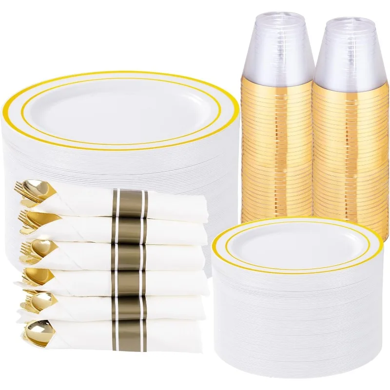 350 Pieces Plastic Plates with Disposable Silverware and Cups,Include: 50Plates 10.25”, 50 Dessert7.5”, 50Cups 9 OZ, 50 Napkins