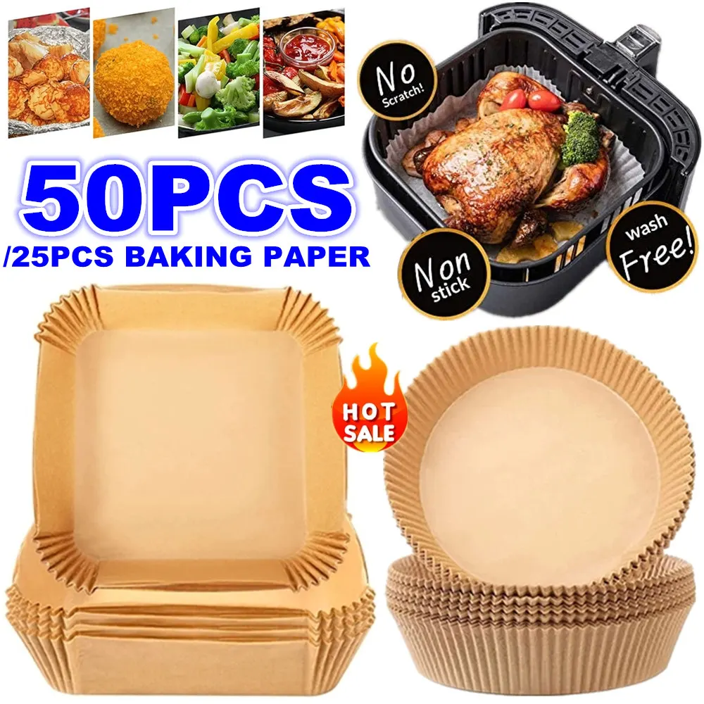 

25/50PCS Square Round Air Fryer Disposable Paper Liner Non-Stick Mat Pastry Tools Kitchen Oven Baking Paper Oil Proof Absorber