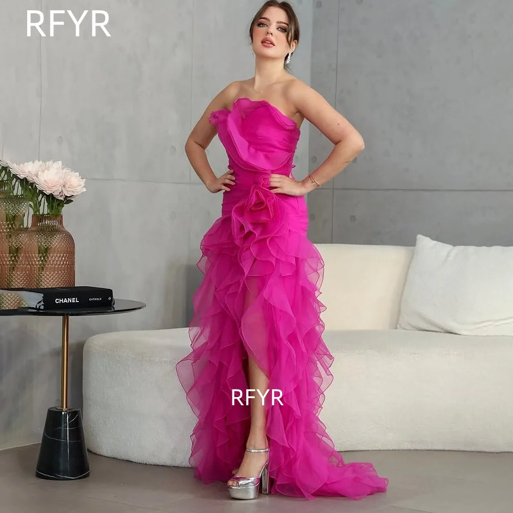 

RFYR Fuchsia Prom Dress with Ruffles A Line Party Dress Layers Elegant Evening Celebrity Gala vestidos de fiesta Customized