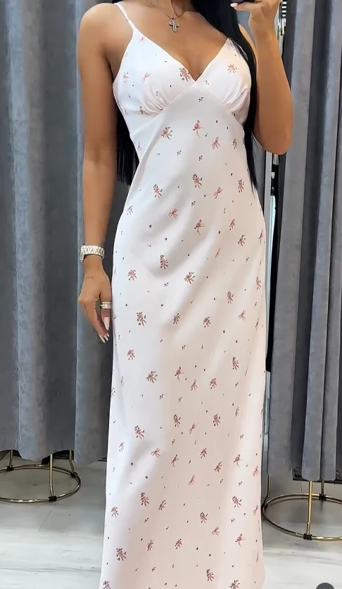 

Ladies' light colored printed long dress sweetheart collar and sleeveless waist cinched dresses 2026 summer casual daily wear
