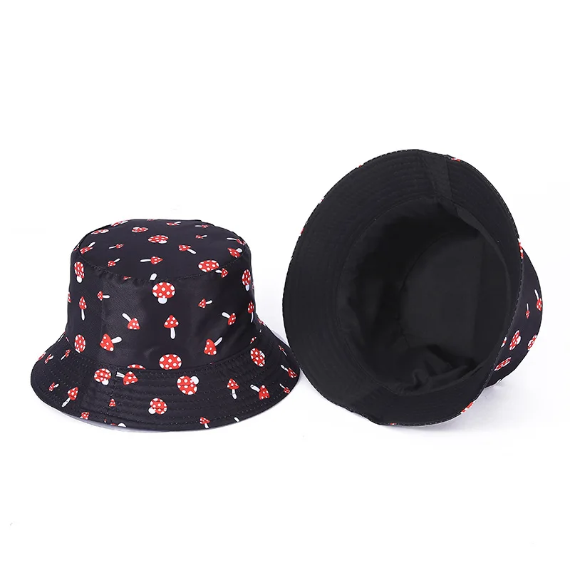 Bocca Mushroom Printed Bucket Hat Reversible Bucket Hats Foldable Cotton Cap Unisex Fisherman Hat Double-sided Sunscreen