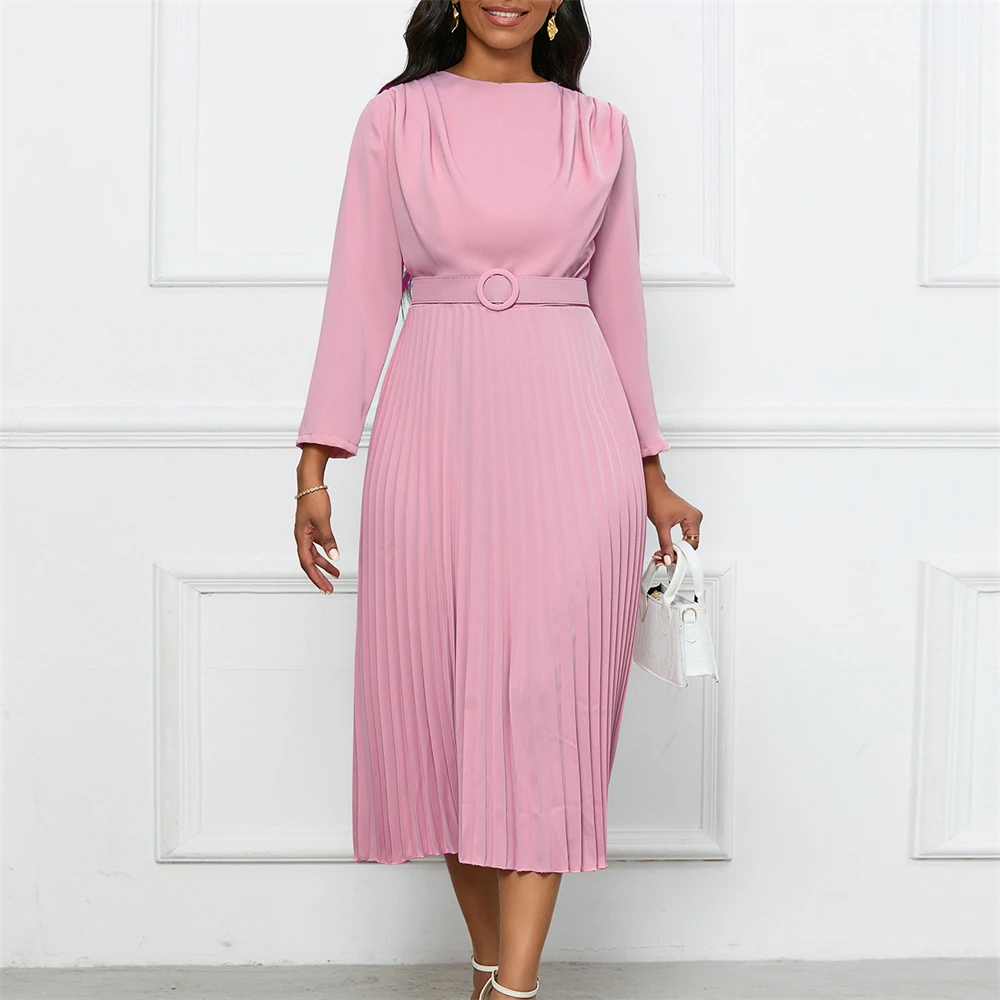 Spring Summer Midi Pleated Dress Long Sleeve Office Lady Africa Sashes Women High Waist OL Style Elegant Dresses Vestidos Gown