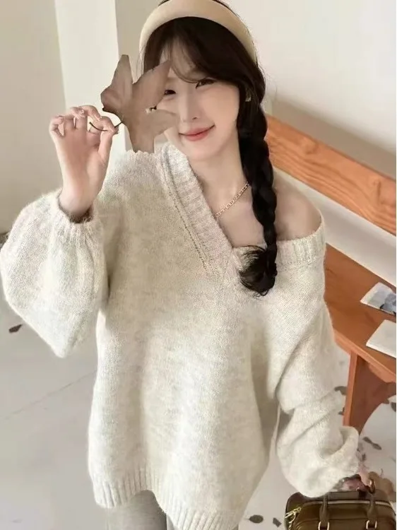 

Loose Long Sve V-Ne Knitted Sweater Women's Autumn Winter Casual Sle Comfortable Soft Fabric Dopne Trendy Top