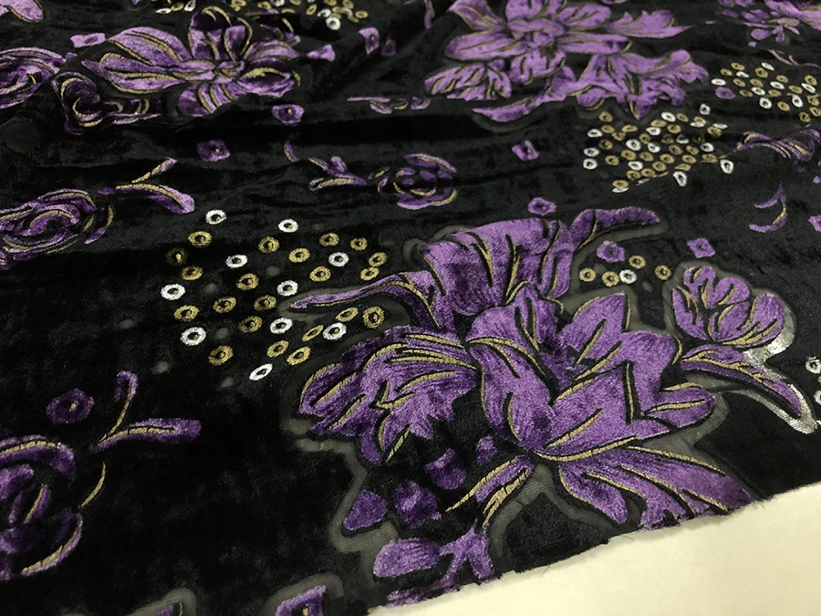 High Quality Real Silk Velvet Fashion Cloth Purple on Black Ground Flower Hollow Etched-out Designer Fabric Quantity Is Not Much