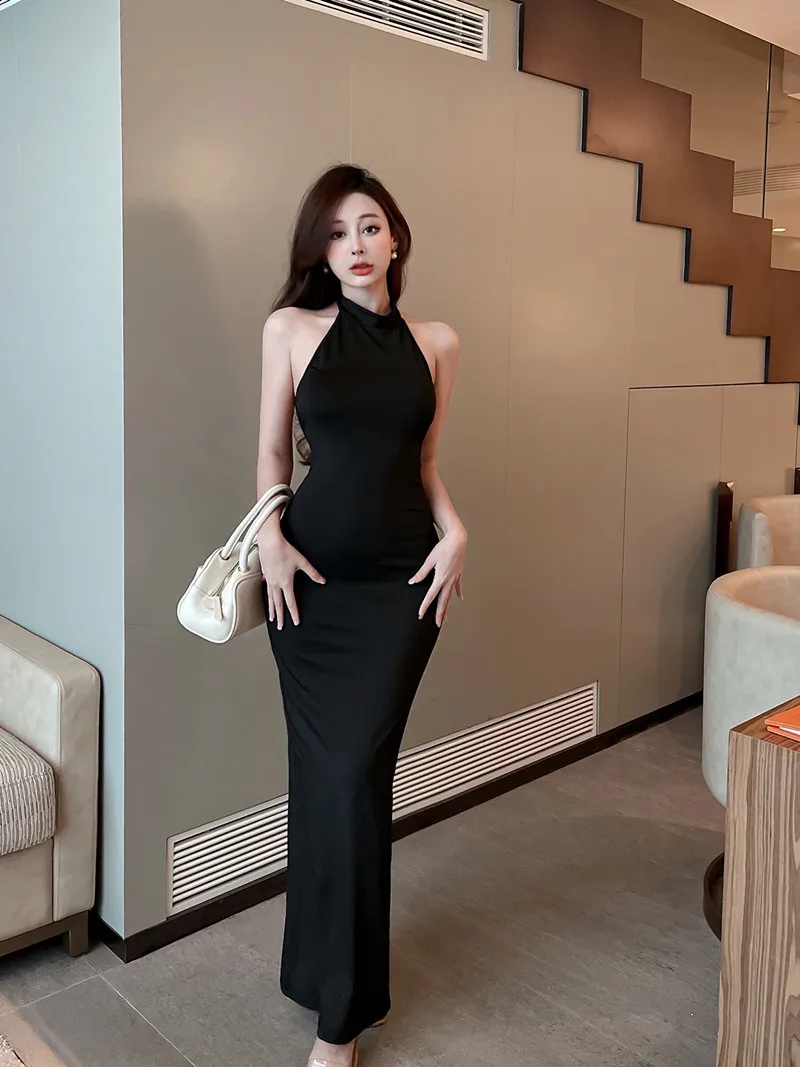 Sexy Backless Black Off The Shoulder Slim Fit Halter Long Maxi Dress Party Club