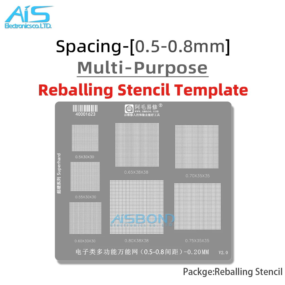 

Многофункциональный универсальный трафарет для реболлинга BGA Amaoe 0,5/0,55/0,6/0,65/0,7/0,75/0,8 с параллельным отверстием, прямой нагрев, паяльная сетка