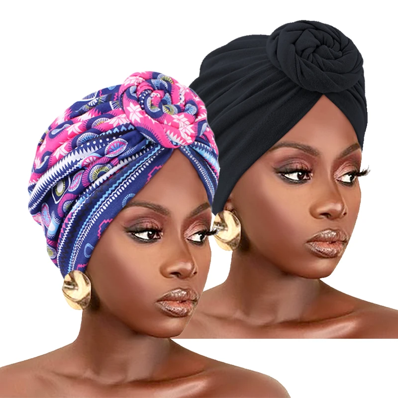 2 Stück/Set Muslimische Damen-Turban-Mütze mit Aufdruck, Beanie, Afrikanischer Kopftuch, Chemo-Kappe, Bandanas