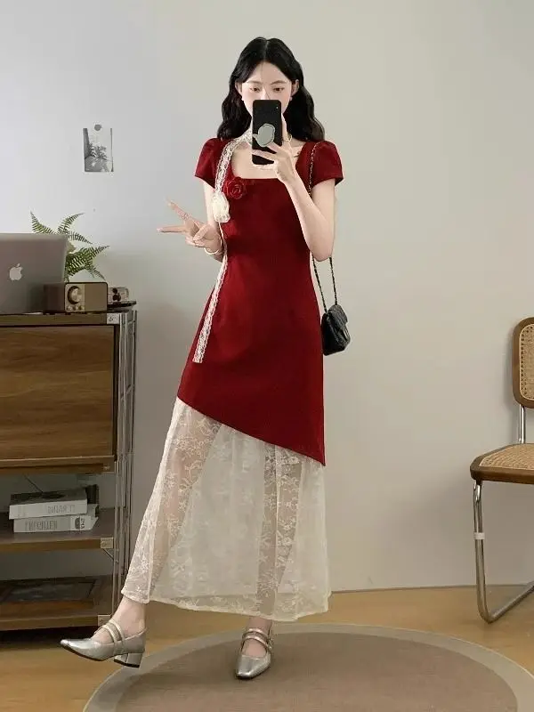 

plus Size Women's Dr Square Collar ort Sve Lace Trim Gown Summer Casual Loose Waist French Sle A-Line Dr