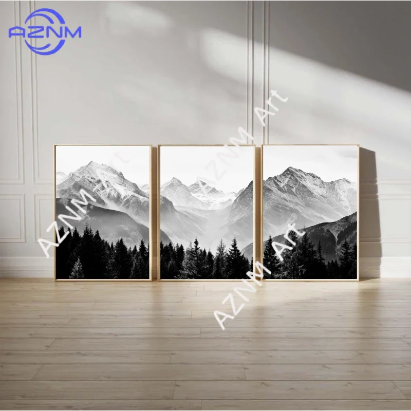 1/3-teiliges Bergdruck-Set, Wandkunst-Set, Bergfotografie, Wandgalerie, Heimdekoration, Hütten-Poster-Set, Schwarz-Weiß-Foto