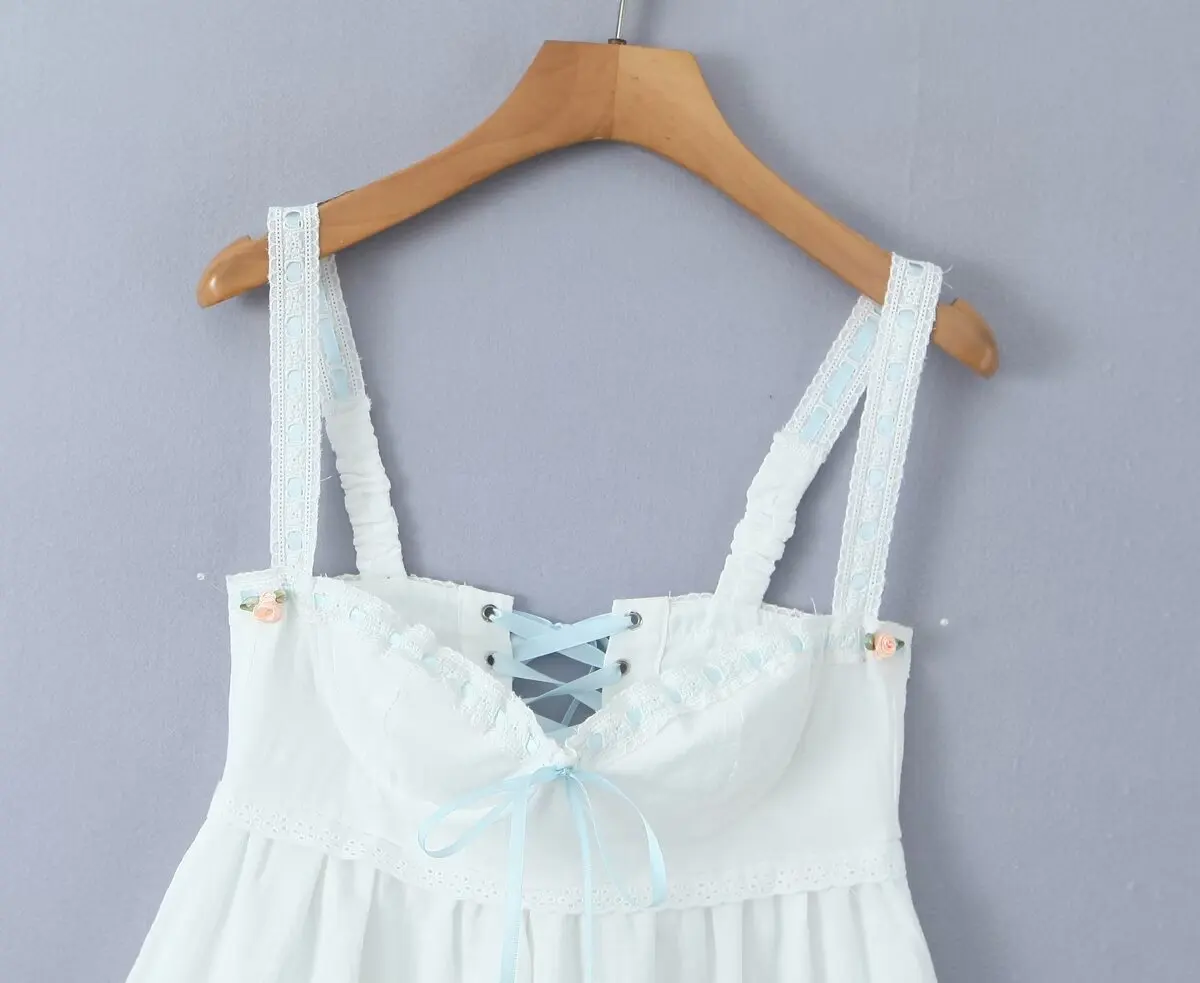 2024 bianco impiombato ricamo corda di pizzo fiocco reggiseno corsetto vestito fionda donne croce allacciatura indietro partito Skater Mini abito vacanza