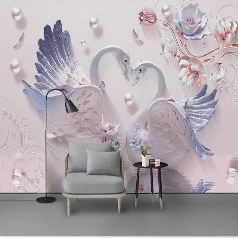 

MU8974 Modern 3d beautiful and romantic swan pearl lotus TV decorative background wall