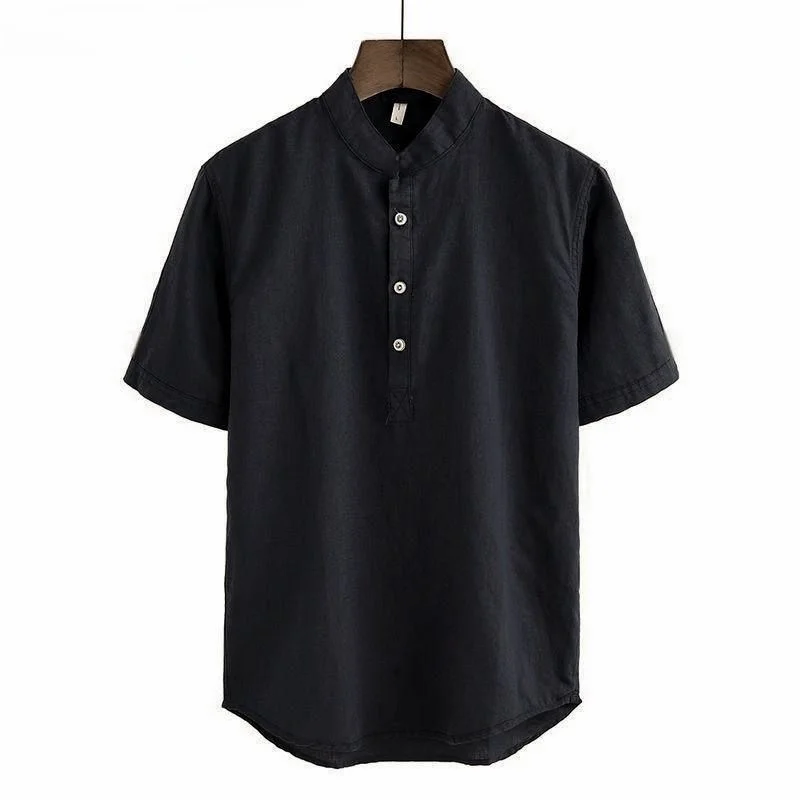 여름용 면 린넨 남성용 셔츠, 루즈핏 심플 슬리브 통기성 좋은 린넨 셔츠, 오픈 프론트 칼라